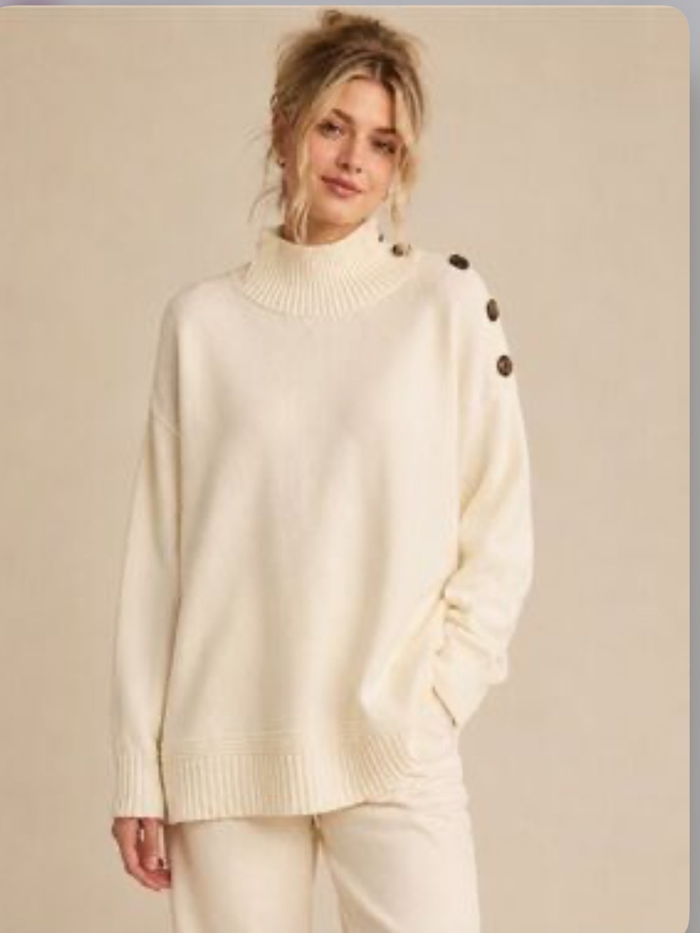 Anthropolgie Ivory Oversized Sweater High Neck Side Brown Button Size Small